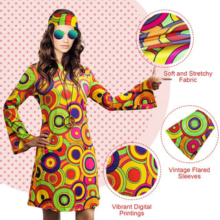 Women Hippie Costume Halloween Party Disco 70's Dance Costume Set Peace Sign Earring Necklace Headband Dress,60s Party Costume