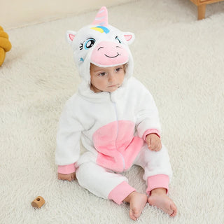 MICHLEY White Unicorn Baby Rompers Winter Clothes Costume Flannel Hooded Bodysuits Pajamas Halloween Animals Overall Jumpsuit