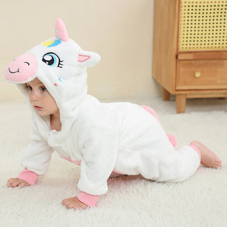 MICHLEY White Unicorn Baby Rompers Winter Clothes Costume Flannel Hooded Bodysuits Pajamas Halloween Animals Overall Jumpsuit